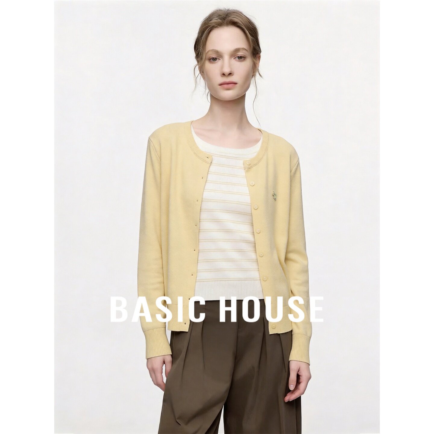 Basic House/百家好假两件针织开衫女短款外套温柔风显瘦长袖上衣