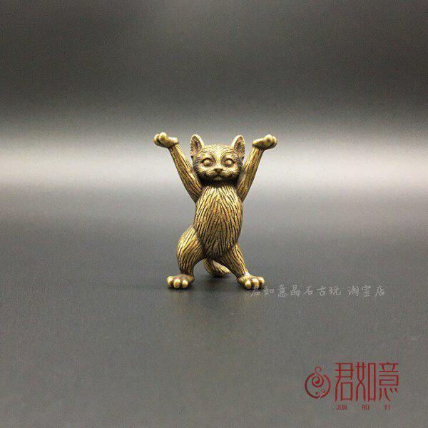 实心铜小猫摆件全铜小猫可爱站立举手小铜猫迷你小动物铜玩加菲猫