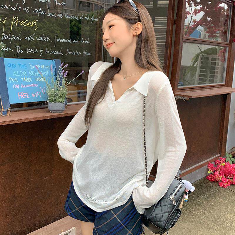 韩系蓝色POLO翻领正肩设计感防晒罩衫女夏季新款宽松长袖T恤上衣