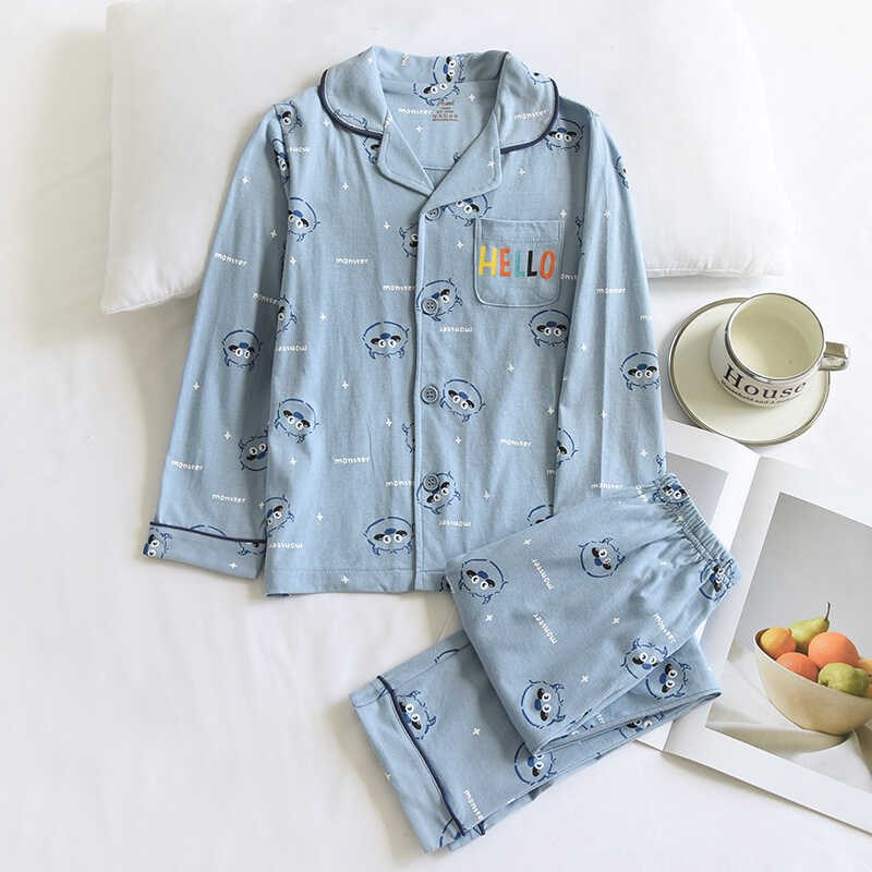 蓝色小怪兽儿童春秋纯棉卡通睡衣套装全棉开衫长袖男童宝宝家居服