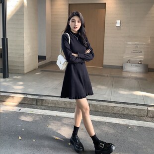 黑色修身中长款针织连衣裙女秋冬新款打底a字裙内搭小个子毛衣裙