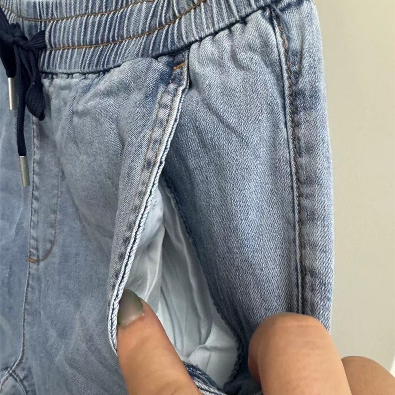 国货美家男夏季短款牛仔裤子松紧系带舒适轻薄五分裤子宽松牌中裤