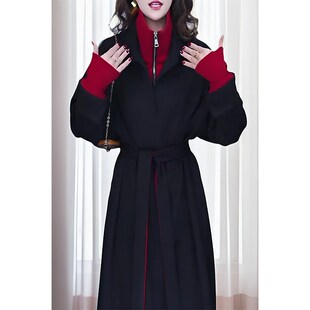 2025秋冬新款时尚大码收腰显瘦连衣裙女个性撞色中长款假两件裙子