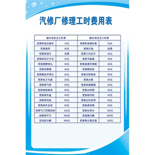 常用工时费收费标准 汽修厂4S店修车修理价目表制度标语牌kt板标