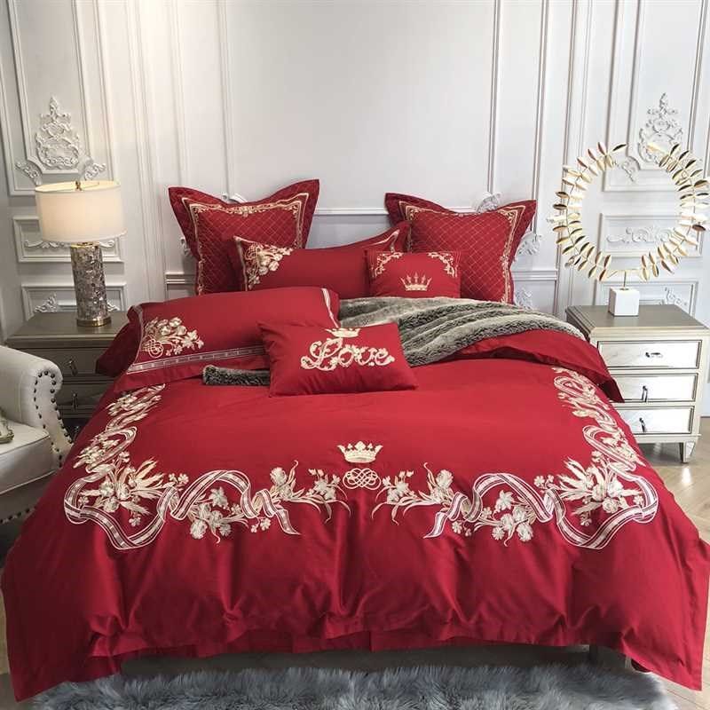 欧式刺绣花婚f庆全棉四件套大红色结婚18m床上用品纯棉新婚房被