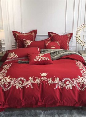 欧式刺绣花婚f庆全棉四件套大红色结婚18m床上用品纯棉新婚房被