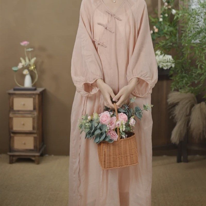 夏季新款纯苎麻连衣裙宽松显瘦简约手工如意扣文艺休闲长裙女,女装/女士精品,连衣裙,淘宝优惠券,粉丝福利购,淘宝优惠卷