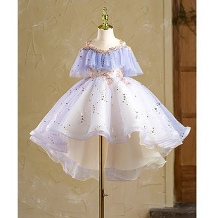 紫色女童礼服生日公主裙前短后长花童婚礼小女孩儿童主持人演出春