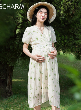 孕妇夏装碎花连衣裙夏季新款宽松V领长款短袖长裙夏款时尚孕妇装