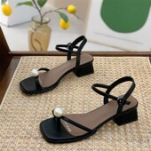 新款 套趾凉鞋 女2024年夏季 w夹趾珍珠一字带粗跟中跟仙女风方头凉