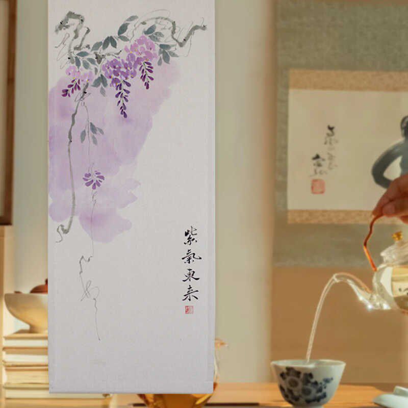 画意新中式定制中国风布艺紫藤门帘隔M断帘帘挂帘半帘免打孔
