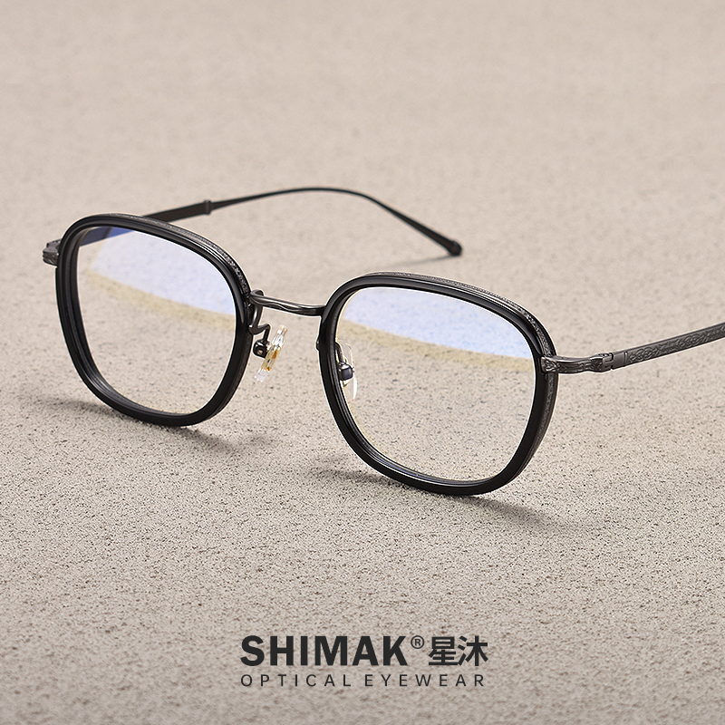 个性超轻方框手工板材复古花纹纯钛近视眼镜框男大脸W黑色镜架女