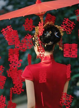 红伞结婚新娘伞婚礼出嫁雨伞中式古风H平时可用结婚喜伞红色油纸