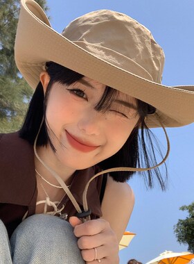 日系大帽檐西部牛仔帽女百搭户外露营登山帽大头围显脸小渔夫帽子