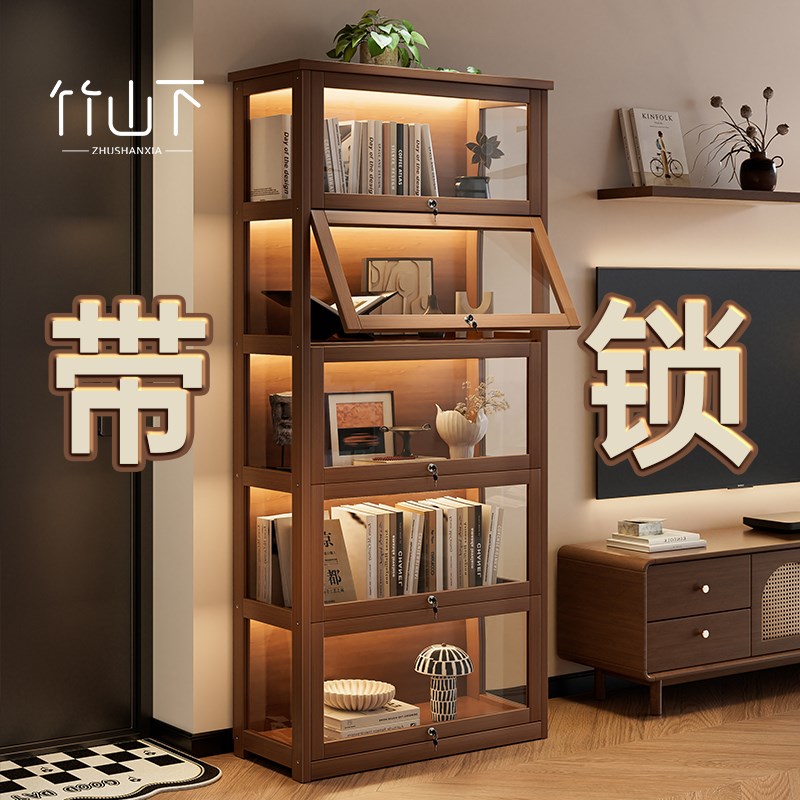 手办展示柜实木书柜带锁门透明玻璃陈列柜痛柜摆件模型玩具收纳柜