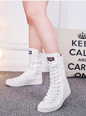 长筒款女帆布鞋春季中腰鞋子拉链大码高筒潮靴子平底百搭高帮休闲