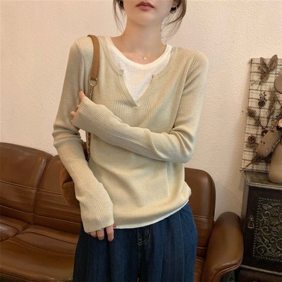 别致低领打底衫女秋冬高级感慵懒B撞色独特假两件毛衣内搭针织上