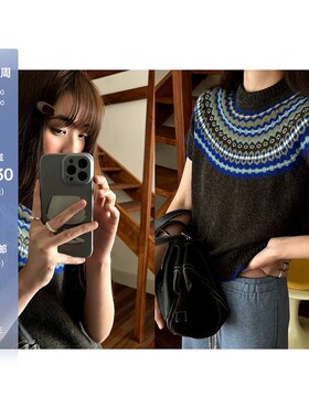 POXFFEE/灰蓝色费尔岛针织短袖t恤女J美式宽松小众内搭打底衫上衣