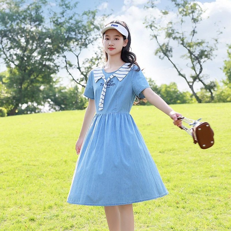 初中生夏装牛仔连衣裙少女大童领结休闲收腰学院风高中中长款裙子