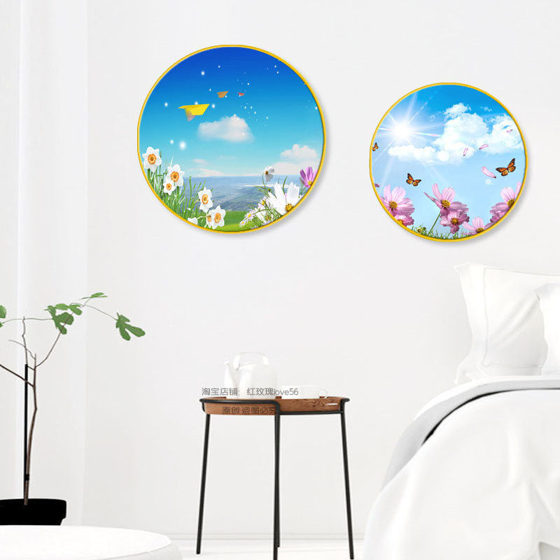 田园风格装饰画玄关挂画儿童房饭厅壁画风景简约圆形画走廊卧室画图片