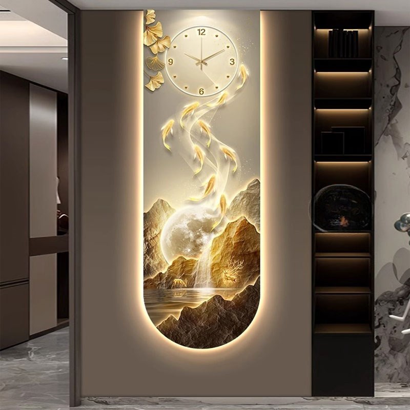 壁灯九鱼图玄关装饰画LED发光静音钟表入户正对门挂钟客厅灯光画