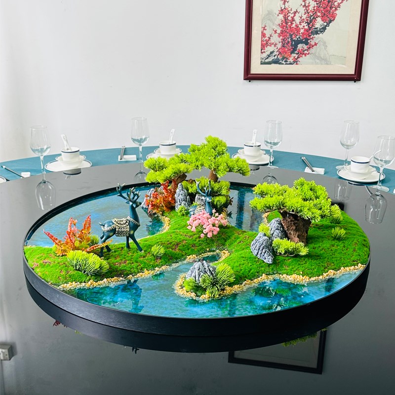 酒店餐桌转盘中间摆件微缩景观造景装饰创意山水桌花圆桌摆花摆设