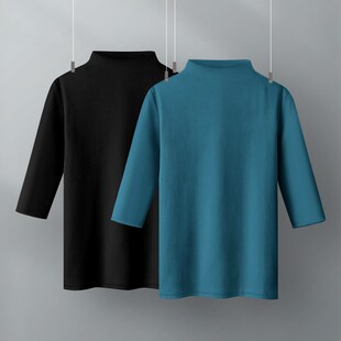 t恤女淑女气质打底衫 短款 内搭外穿五分袖 上衣秋季 大码 半高领中袖