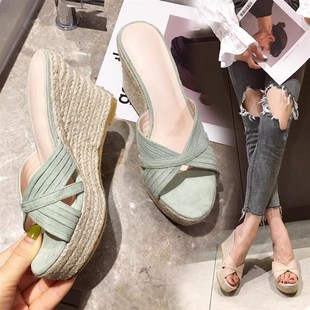 古早感厚底坡跟拖鞋女夏2025年新款高跟麻绳凉拖鞋时尚增高松糕鞋