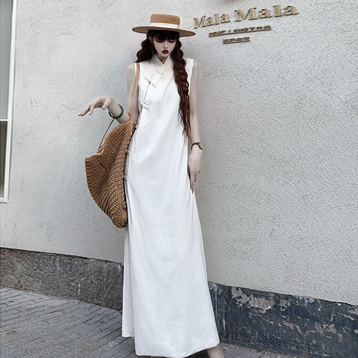 高个子加长款及踝新中式国风改良宽松旗袍连衣裙盘扣背心裙休闲裙