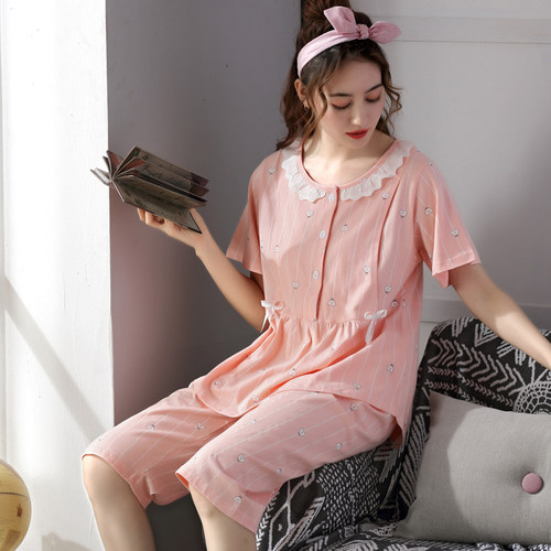 夏天短袖孕妇套装纯棉产后喂奶睡衣产妇哺乳期休闲居家月子服纯色