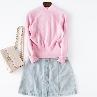 秋冬新品女士高腰短款羊绒衫半高领保暖粉色白色打底长袖套头毛衣