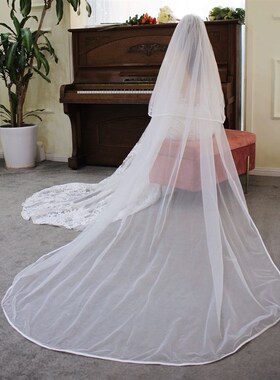 V690新娘头纱 简约新款白色包边双层遮面拖尾婚礼旅拍头饰品