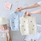 童装 女童镂空针织马甲婴儿撞色花朵背心儿童女宝宝毛衣坎肩春秋款