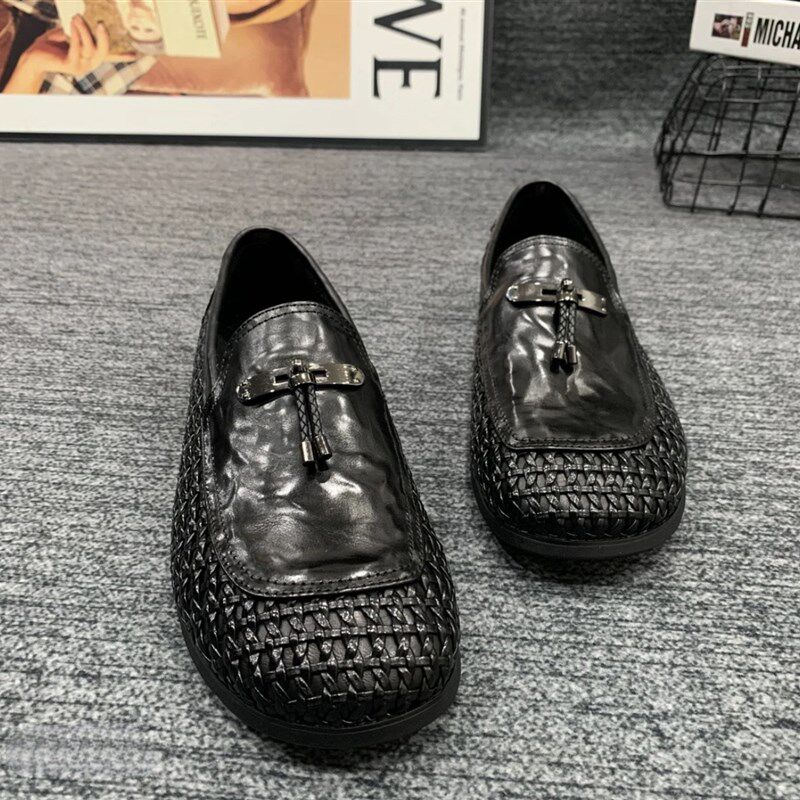 春夏季新款时尚百搭舒适休闲鞋男士豆豆鞋纯皮男鞋透气软底软面潮