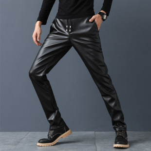 秋冬皮裤男修身潮流小脚骑行机车紧身弹力防水男士皮裤子加绒加厚