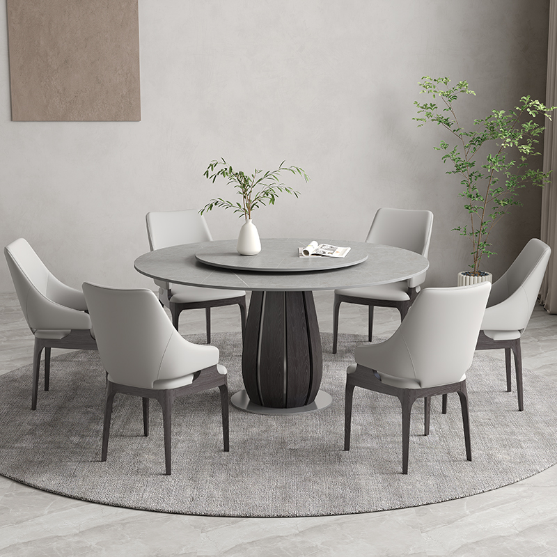 意式实木餐桌圆桌带转盘现代简约2022新款家用10人白蜡木岩板餐桌