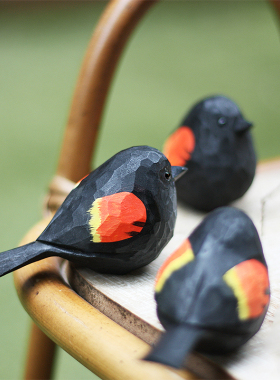 三件 鹿妖商店 红翅黑鹂 红翼鸫 肥啾鸟 纯手工木雕创意