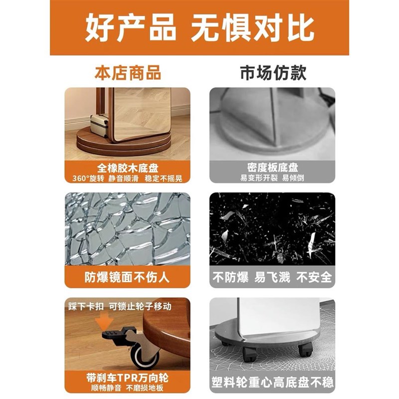 全衣身镜落地镜家用试衣镜卧室木可旋转移动实衣帽挂带架一体镜子