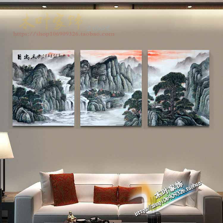 现代家居竖挂装饰画玄关过道走廊墙壁挂画风景画水墨山水三联