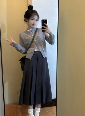 灰色西装百褶半身裙女2024年秋季新款学院风小个子高腰a字中长款