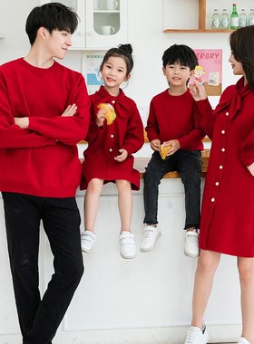 亲子装连衣裙一家三四口新年母女装秋冬针织毛衣裙圣诞红色亲子裙