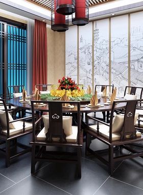 新中式餐桌圆形转盘实木高端酒店A轻奢椅子家用别墅现代电动大圆