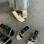 小凉拖鞋 仙女鞋 子2024B新款 坡跟法式 夏季 外穿配裙子中高跟水钻凉