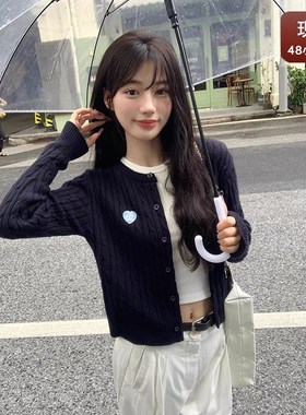 藏蓝色麻花针织开衫外套女秋装新款高级感韩系内搭毛衣独特上衣