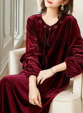 秋冬大码年款礼服轻熟风丝绒刺绣新中式喜婆婆红色宽松A字连衣裙