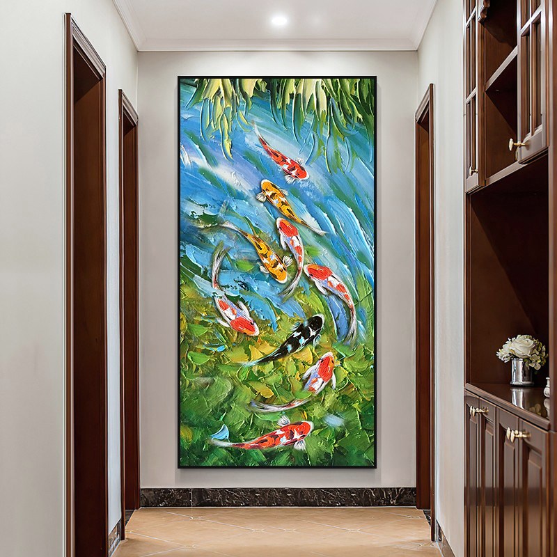 聚财九鱼图纯手绘油画新中式入户玄关装饰画客厅抽V象立体肌理挂图片