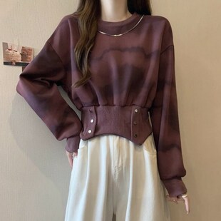 春秋大码胖mm显瘦设计感不规则短款上衣潮美式复古扎染无帽卫衣女