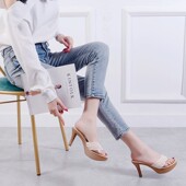 女2020春夏新款 韩版 高跟A防水台凉拖鞋 拖鞋 细跟一字蕾丝边凉鞋 外