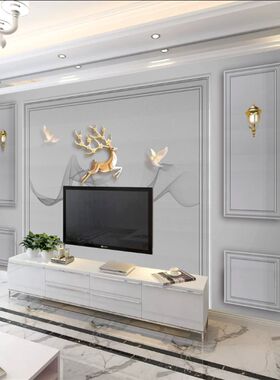 北欧麋鹿五宫格造型简约壁画电视背景墙壁纸客厅沙发灰色影视墙布