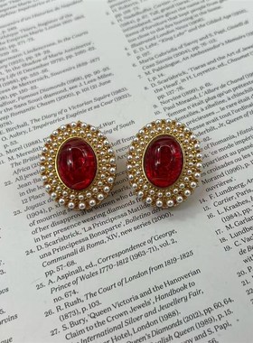 高级感红色椭圆琉璃珍珠耳钉戒指复古风法式古典女秋冬饰品